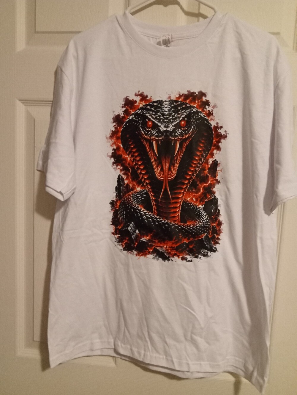 White T-Shirt with Fiery Black & Orange Cobra Graphic